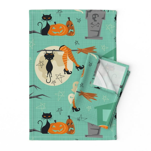 Mod Halloween Retro Mid Century Linen Cotton Tea Towels by Roostery Set of 2